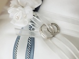 Wedding rings tied to pillow Photographic Print by Marnie Burkhart