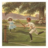Illustration of Children Playing Lawn Tennis Giclee Print