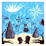 People talking in the foreground of a prehistoric scene Giclee Print by Sarajo Frieden