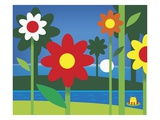 a frog in the water surrounded by tall flowers Giclee Print