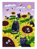 Black Cats Watching Honeybees on Sunflowers Giclee Print by Lisa Berkshire
