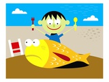 Boy ready to eat frightened fish Giclee Print