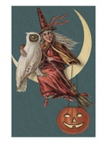 Halloween Postcard with Witch and Owl Sitting in Crescent Moon Giclee Print by Alexandra Day