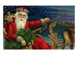 Christmas Greetings with Santa Claus Holding Reins Reproduction procédé giclée