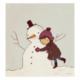 Girl Hugging Snowman Giclee Print