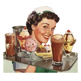 Menu Illustration of Waitress Carrying Ice Cream Desserts Giclée-tryk Menu Illustration of Waitress Carrying Ice Cream Desserts Giclée-tryk