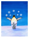 Penguin Parent and Baby Under Snowflakes Giclee Print