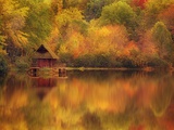 Wooden Cabin on Lake in Autumn Photographic Print by Robert Llewellyn