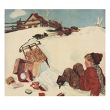 Illustration of Boy and Groceries Falling Off Sled Reproduction procédé giclée