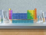 Periodic table of the elements with glassware Lámina fotográfica Periodic table of the elements with glassware Lámina fotográfica