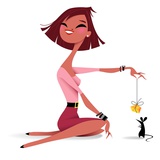 Woman dangling cheese in front of a mouse Giclee Print by Kirsten Ulve