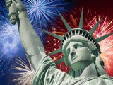 Fireworks behind statue of liberty Photographic Print