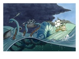 Ship Skirts Sea Monster and Storm Clouds Giclee Print