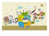 Children on Elephant Back Giclee Print
