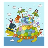 Children enjoying on tortoise back Giclee Print