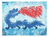 Blue dragon spitting fire Giclee Print by James O'Brien