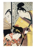 Act II of Chushingura, The Young Samurai Rikiya, with Kononami, Honzo Partly Hidden Behind the Door Giclee Print by Utamaro 