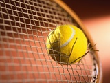 Tennis Racket Broken by Tennis Ball Photographic Print by Danilo Calilung