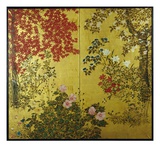 Japanese Screen with Trees and Flowering Plants Giclee Print
