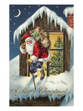 A Merry Christmas with Santa Claus on Roof Giclee Print