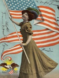 Postcard of Woman Waving American Flag Lámina fotográfica por Rykoff Collection