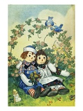 Illustration of Raggedy Ann and Raggedy Andy with Two Robins by Johnny Gruelle Giclee Print
