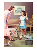 Mother and Daughter with Vacuum, Retro Print Mother and Daughter with Vacuum, Retro Print