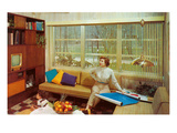 Woman Reading Plans in Living Room, Retro Posters