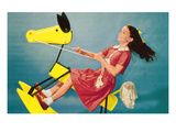 Girl on Abstract Rocking Horse, Retro Print