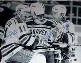 Adam Graves, Brian Leetch & Mark Messier Triple Signed Celebration w/ "Captain" Insc. By Messier Photo