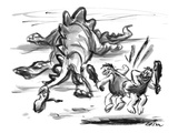 Two cavemen do a butt-bump beside a slain dinosaur. - New Yorker Cartoon Premium Giclee Print by Lee Lorenz