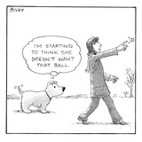 A dog thinks to himself as a woman throws a ball during a game of fetch. - New Yorker Cartoon Premium Giclee Print by Harry Bliss