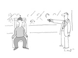 Man points remote control at another in an execution chair as a crowd look… - Cartoon Premium Giclee Print by Arnie Levin