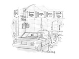 Two men in New York City traffic looking up at road signs, which point in … - Cartoon Premium Giclee Print by Mort Gerberg