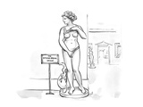 Sculpture at museum lifting shirt and pulling on bottoms with a sign that … - Cartoon Premium Giclee Print by Carolita Johnson