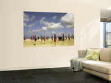 Red and Blue Beach Umbrellas on Deauville Beach Poster by Barbara Van Zanten