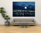 Boston Skyline Reflecting in Harbor with Full Moon Posters by Allen Russell