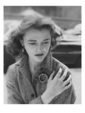 Vogue - August 1953 - Woman on Street Clutching Herself Photographic Print by Karen Radkai