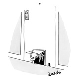 A cat crawls through a cat door and looks angrily at a mouse hole right ne… - New Yorker Cartoon Premium Giclee Print by Liam Walsh