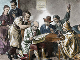 Reading the Newspaper in the Tavern, Colored Engraving, 1876. Photographic Print by Prisma Archivo 