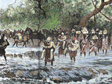 Explorers Crossing a Stream in the Mountains, Nienieya, Sudan, Colored Engraving of 1892 Photographie par Prisma Archivo 