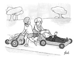 A psychiatrist is jogging in the park while pushing his patient on a couch… - New Yorker Cartoon Premium Giclee Print by Tom Toro