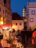 Stalls at Christmas Market With Renaissance Tower, Svornosti Square, Cesky Krumlov, Czech Republic Photographic Print by Richard Nebesky