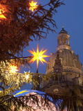 Christmas Market Stalls in Front of Frauen Church and Christmas Tree at Twilight, Dresden Photographic Print by Richard Nebesky