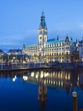 Rathaus (City Hall) Illuminated at Night Reflected in a Canal, Hamburg, Germany, Europe Photographic Print by Christian Kober