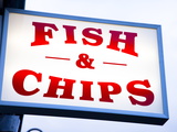 Fish and Chips Sign in Conwy, Clwyd, Wales, United Kingdom, Europe Photographic Print by Donald Nausbaum