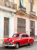 Restrored Red American Car Pakred Outside Faded Colonial Buildings, Havana, Cuba Photographic Print by Lee Frost