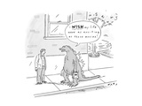 Godzilla, carrying bags from the grocery store, speaks to a man on the str… - New Yorker Cartoon Giclee Print by Kim Warp