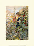 Girl Among Hollyhocks Poster von Alfred John Billinghurst