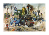 The Running Sheds of the Great Caerphilly and Vole-Tail Central Railway Premium Giclee Print by Terence Cuneo